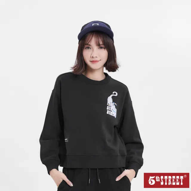 【5th STREET】女裝 短版 花瓶貓圖案長袖T恤-黑色(560830)