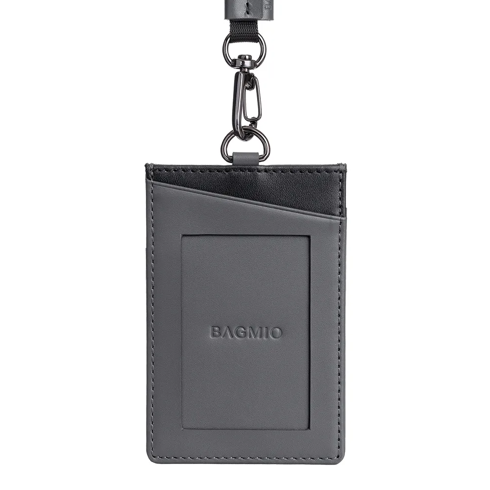 【BAGMIO】雙色牛皮三卡直式證件套-灰黑(附織帶)
