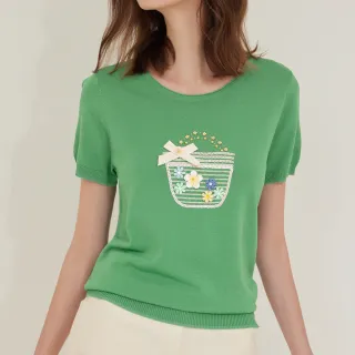 【ILEY 伊蕾】可愛花籃縲縈針織上衣(綠色；M-XL；1231455007)