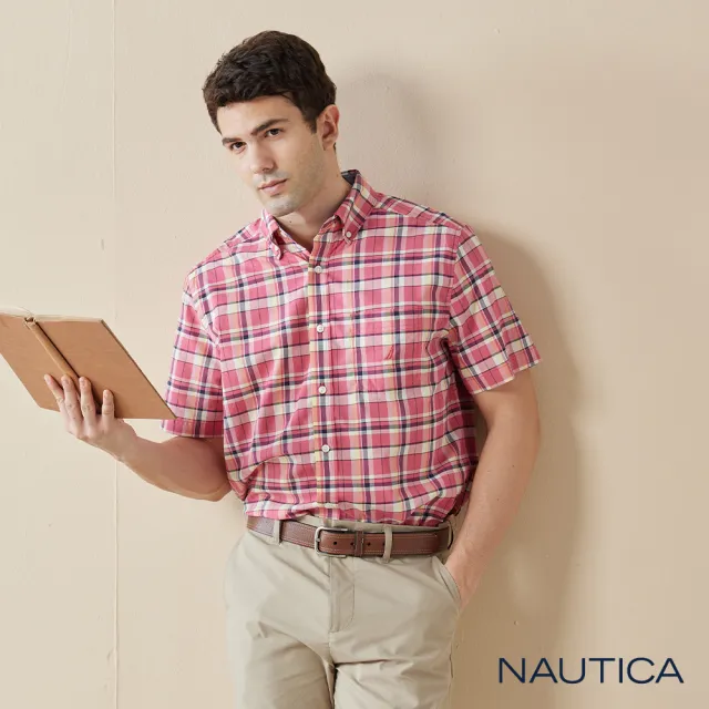 【NAUTICA】男裝 休閒格紋透氣短袖襯衫(紅色)