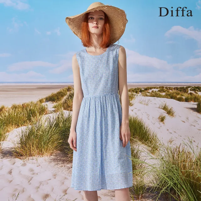 【Diffa】藍白細格背心連身洋裝-女