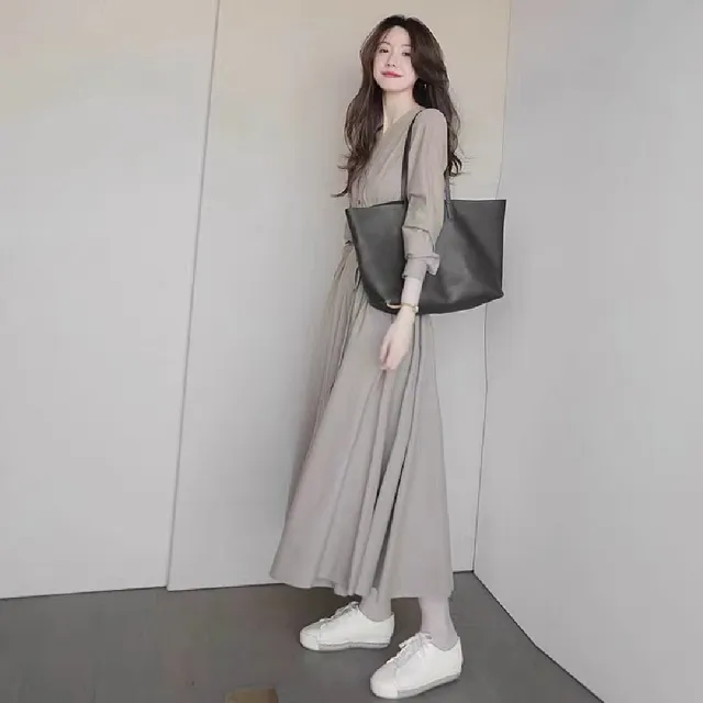 【巴黎精品】現貨+預購 連身裙長袖洋裝(仙女氣質腰帶排扣女裙子色a1ar2)