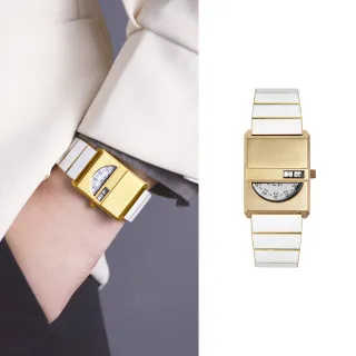 【BREDA】Pulse(Tandem)系列 金色矩形錶殼 數字視窗顯示 不鏽鋼+白色環氧樹脂錶帶 手錶(1747E)