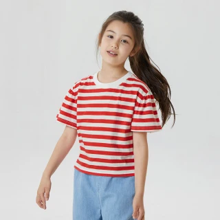 【GAP】女童裝 純棉條紋小飛袖短袖T恤-紅色條紋(665829)