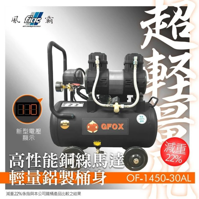 【風霸 GFOX】贈風管+風槍 3.5HP 30L 超輕量鋁合金全銅線無油式快速型110V空壓機