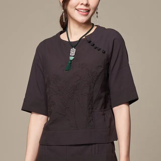 【古典美】03018 刺繡斜襟抽皺上衣(茶禪服/中國風/國服/漢服/手染服/棉麻/亞麻/天然纖維)