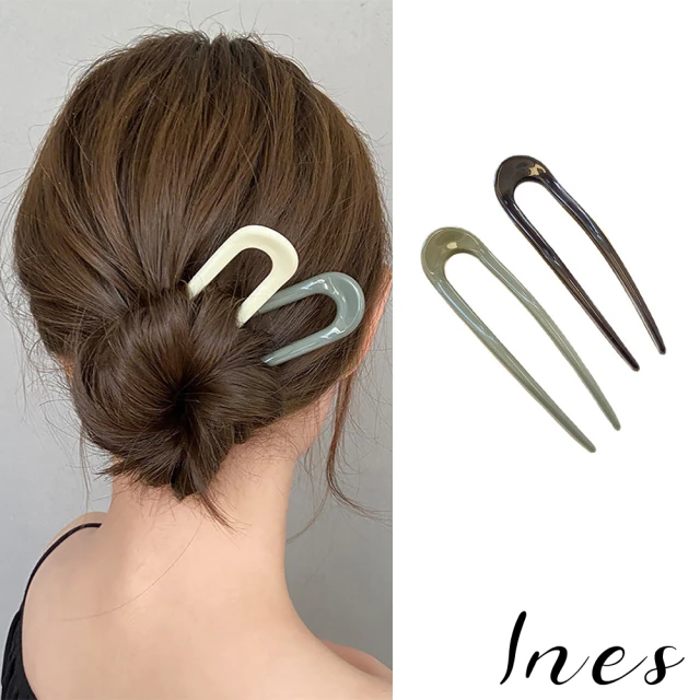 【INES】U型髮簪/韓國設計氣質復古色系優雅U型髮簪 髮杈 盤髮器(5色任選)