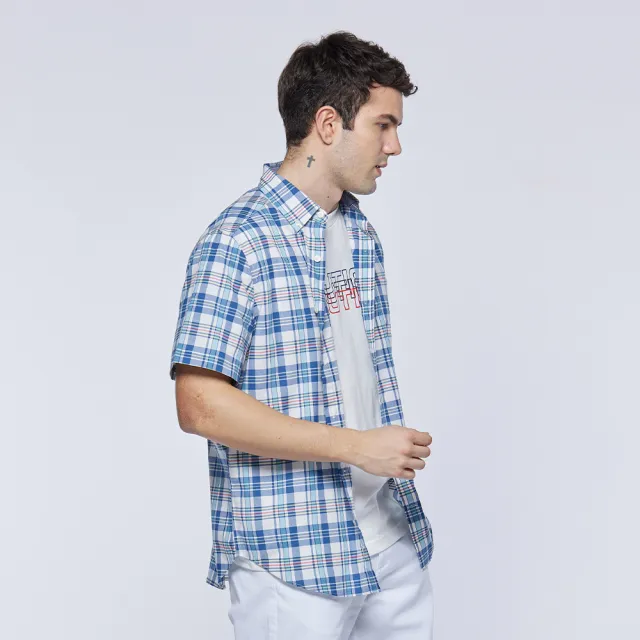 【NAUTICA】男裝 百搭格紋透氣短袖襯衫(藍色)