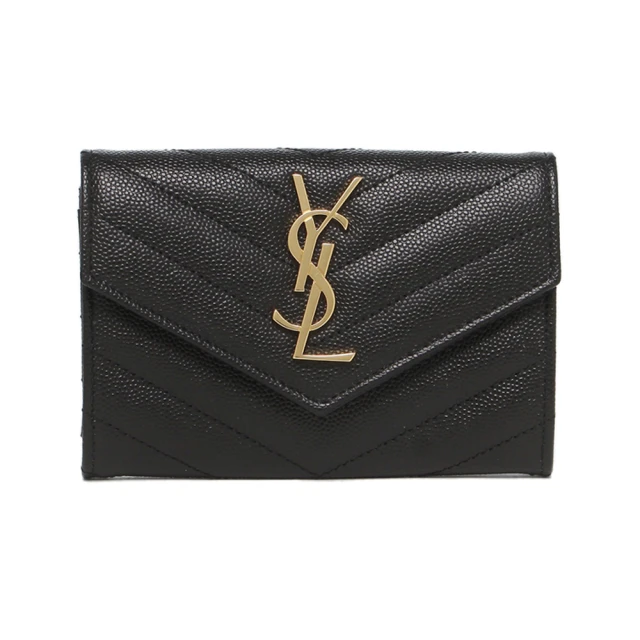 YSL 金字LOGO V字縫線 黑色 小牛皮 扣式短夾 皮夾 零錢包(414404BOW011000)