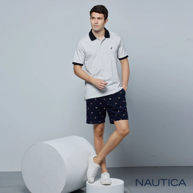 【NAUTICA】男裝 滿版帆船刺繡休閒短褲(深藍)