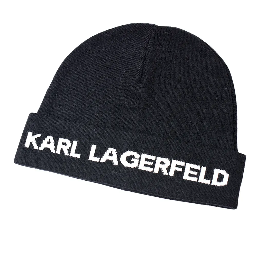 【KARL LAGERFELD 卡爾】簡約LOGO反折毛帽-黑色