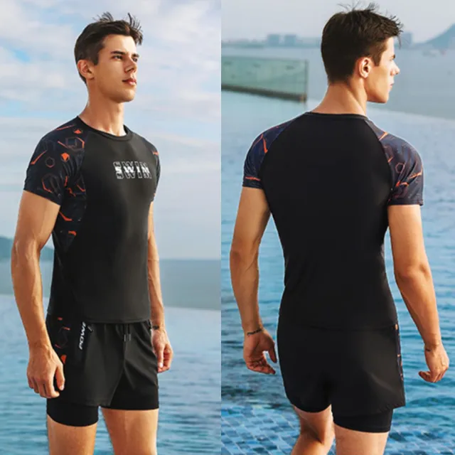 【泳衣果】男泳裝二件式L-5L威星加大短袖泳衣+雙層泳褲