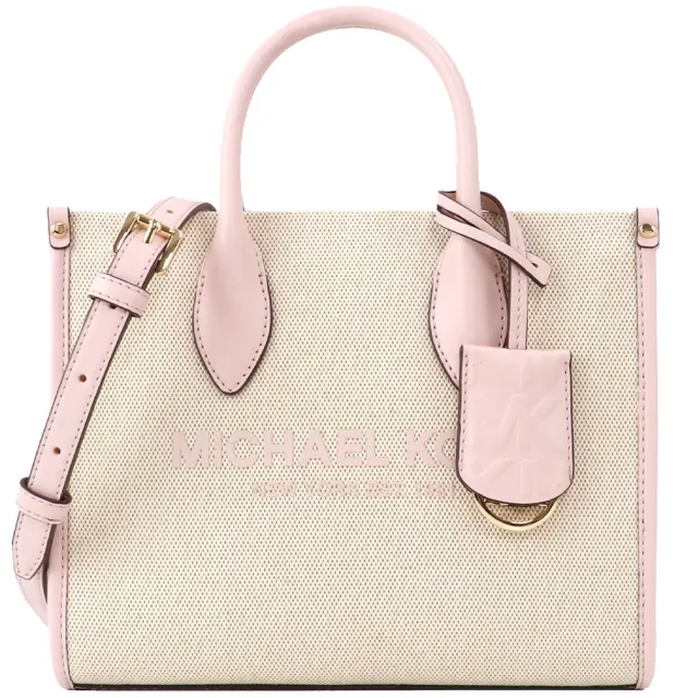 【Michael Kors】MIRELLA粉X白織布小款手提斜背托特包