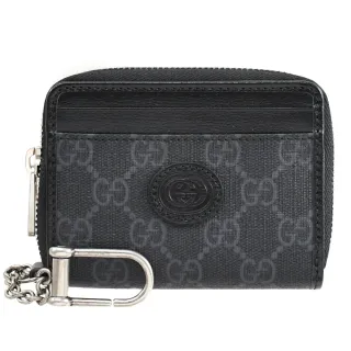 【GUCCI 古馳】經典雙G緹花信用卡名片鑰匙圈零錢包短夾(黑灰)