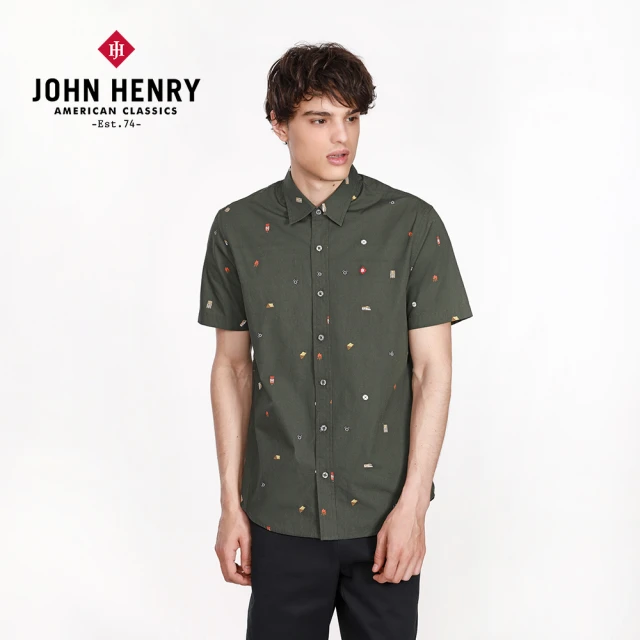 【JOHN HENRY】趣味小圖短袖襯衫-橄欖綠