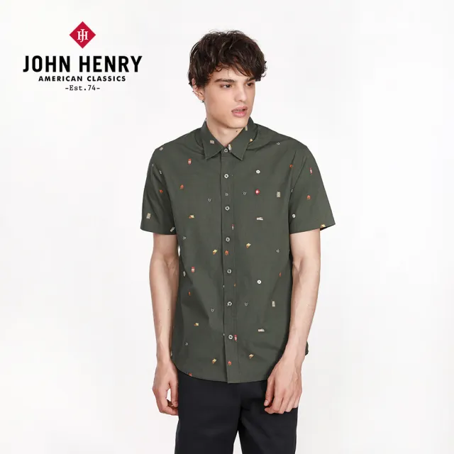 【JOHN HENRY】趣味小圖短袖襯衫-橄欖綠