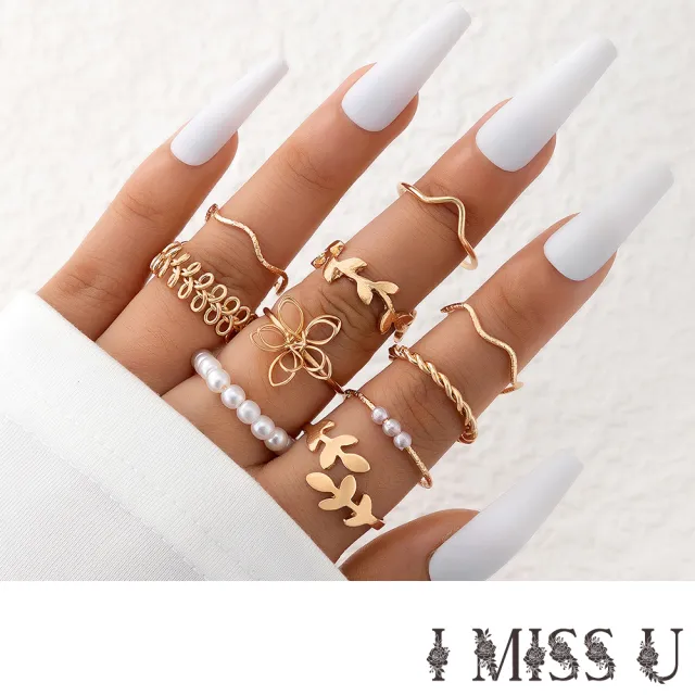 【I MISS U】波西米亞民族風縷空花朵珍珠造型戒指10件套組(縷空戒指 花朵戒指 珍珠戒指)