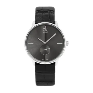【Calvin Klein 凱文克萊】ACCENT系列 黑面銀框 獨立小秒針 黑色壓紋皮革錶帶 手錶 腕錶 CK 男錶(K2Y211C3)