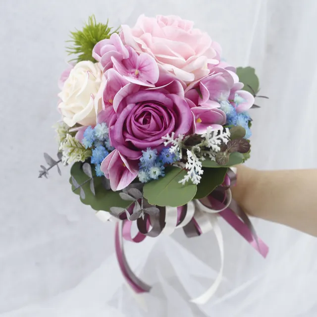 【HUGO DECO 榆果傢飾】小甜心捧花 粉玫瑰款(擬真花/婚紗攝影/新娘捧花/花束/告白/求婚)