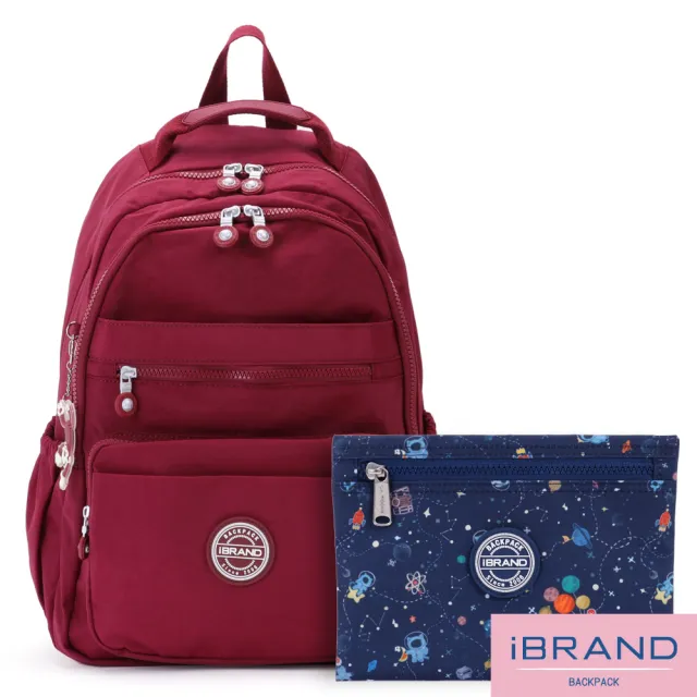 【iBrand】經典百搭輕盈多口袋後背包(酒紅色)