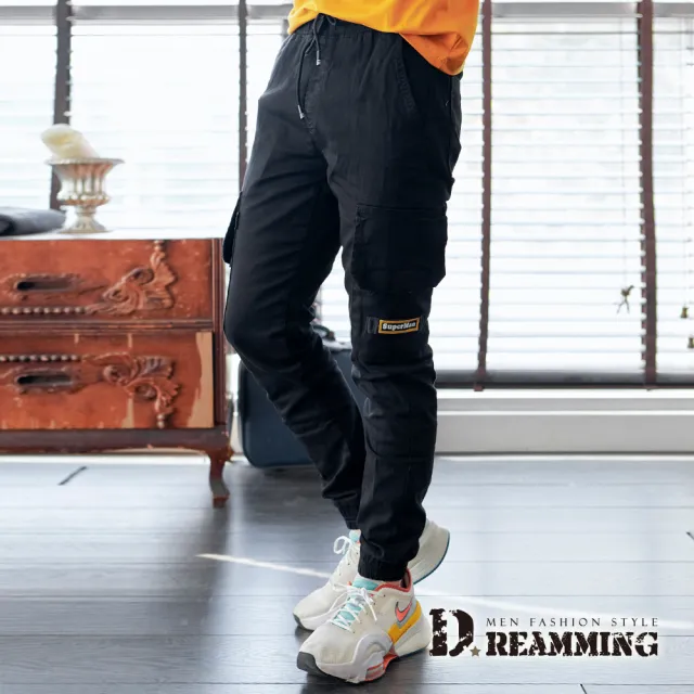 【Dreamming】個性大口袋抽繩彈力工裝縮口褲 長褲(黑色)