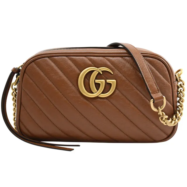 【GUCCI 古馳】GG Marmont 24cm 經典山字絎縫紋相機包鍊包斜背包(棕)
