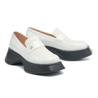 【MISS 21】臭跩復古條紋拼接牛漆皮樂福大頭厚底鞋(白)