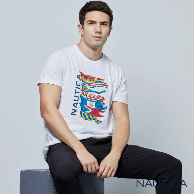 【NAUTICA】男裝 航海風旗語圖騰短袖T恤(白色)