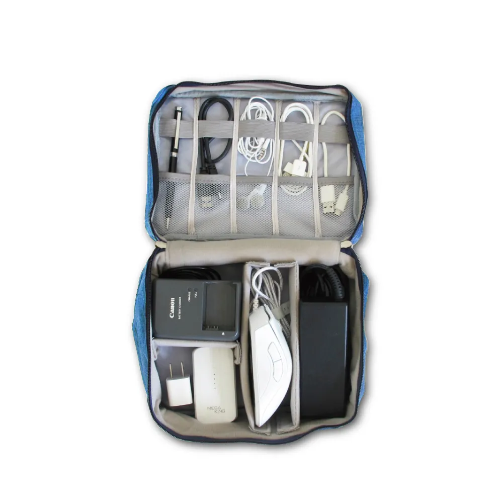 【主WALL飾】韓版3C配件防水充電線收納包-藍色(滑鼠相機手機電源線USB日本港澳韓泰歐美出國旅行李登機箱)