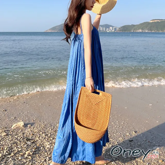 【ONEY 歐妮】★慵懶風皺褶壓紋雙肩帶長裙(春夏/無袖上衣/吊帶長裙/寬鬆修身)