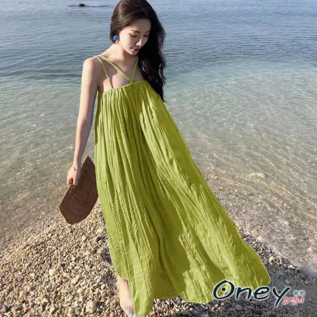 【ONEY 歐妮】★慵懶風皺褶壓紋雙肩帶長裙(春夏/無袖上衣/吊帶長裙/寬鬆修身)