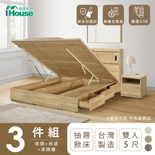 【IHouse】品田 房間3件組 雙人5尺(床頭箱、收納抽屜+掀床底、床頭櫃)