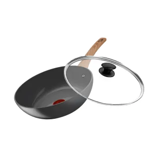 【Tefal 特福】法國製綠生活陶瓷不沾系列28CM不沾鍋炒鍋+玻璃蓋(適用電磁爐)