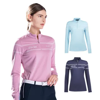 【PING】女款定位條簡約立領長袖POLO衫-RA22292-淺藍/深藍(吸濕排汗/蓄熱保溫/GOLF/高爾夫球衫)