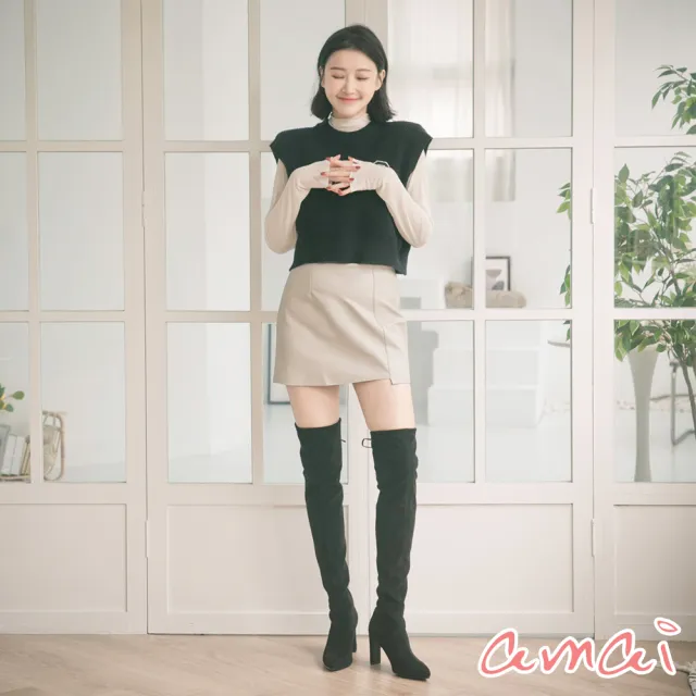 【amai】性感時尚顯瘦美腿高跟過膝靴 膝上靴 過膝長靴 長筒靴 長靴 扁跟 不掉筒 百搭 大尺碼 KB81BK(黑色)