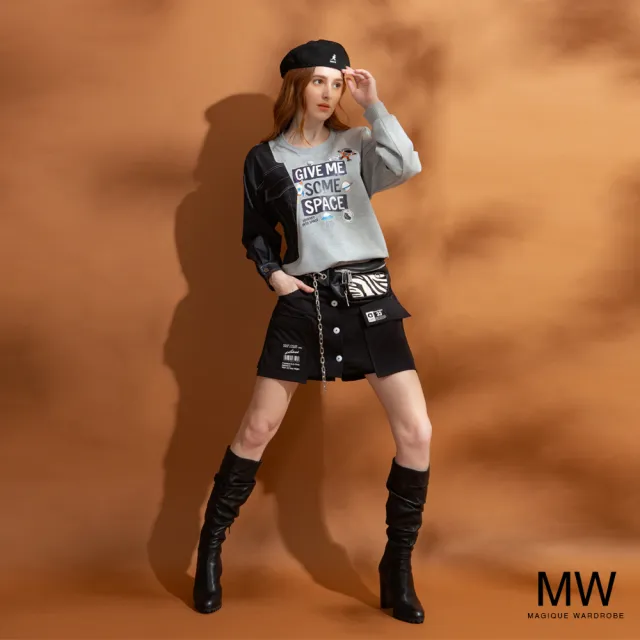 【MAGIQUE WARDROBE】仿牛仔拚接印花長袖上衣(2色)
