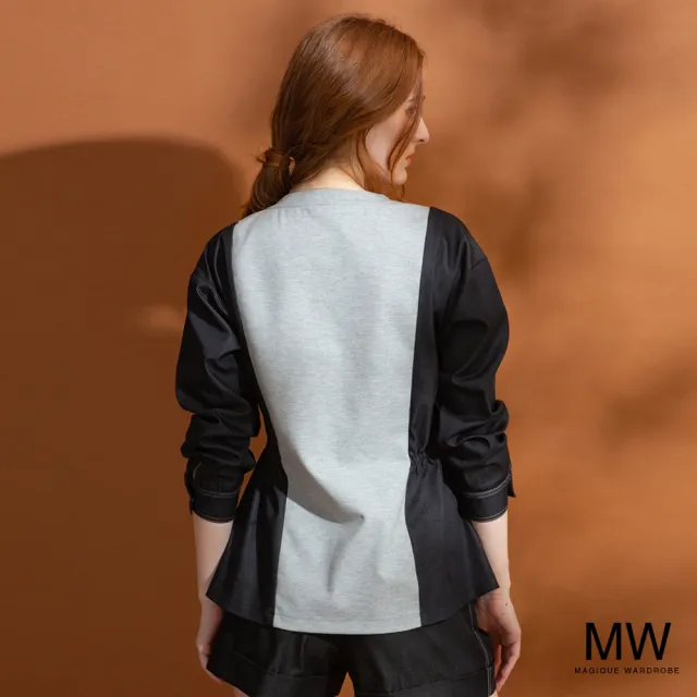 【MAGIQUE WARDROBE】仿牛仔拚接鬆緊雙口袋長袖上衣(2色)