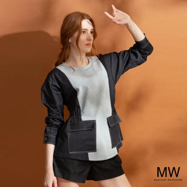 【MAGIQUE WARDROBE】仿牛仔拚接鬆緊雙口袋長袖上衣(2色)