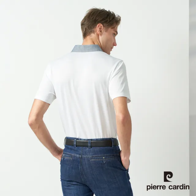 【pierre cardin 皮爾卡登】休閒服飾 男款 吸濕排和定位條襯衫領短袖polo衫-白色(5237205-90)