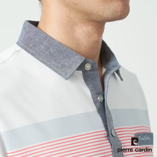 【pierre cardin 皮爾卡登】休閒服飾 男款 吸濕排和定位條襯衫領短袖polo衫-白色(5237205-90)
