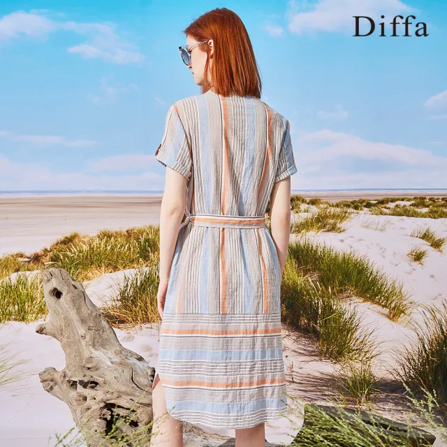 【Diffa】桔藍條緹花連身洋裝-女