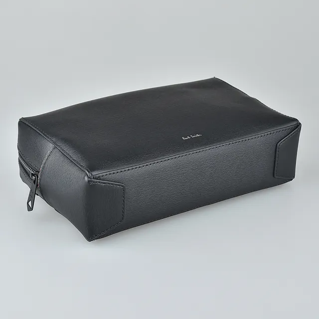 【Paul Smith】PAUL SMITH燙銀LOGO牛皮拉鍊盥洗化妝手拿包(黑x內多色)
