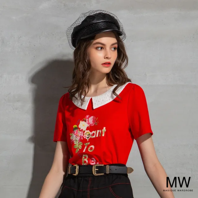 【MAGIQUE WARDROBE】蕾絲領印花短袖上衣(2色)
