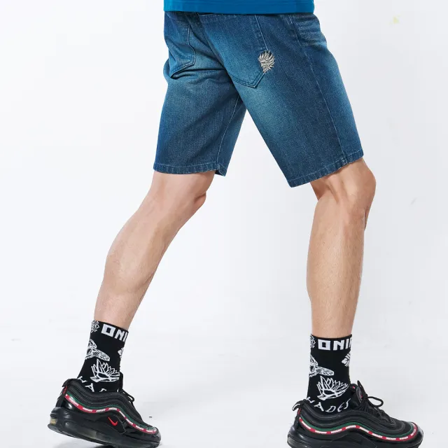【BLUE WAY】男裝 新品-經典無彈小鬼頭繡花丹寧 短褲-鬼洗