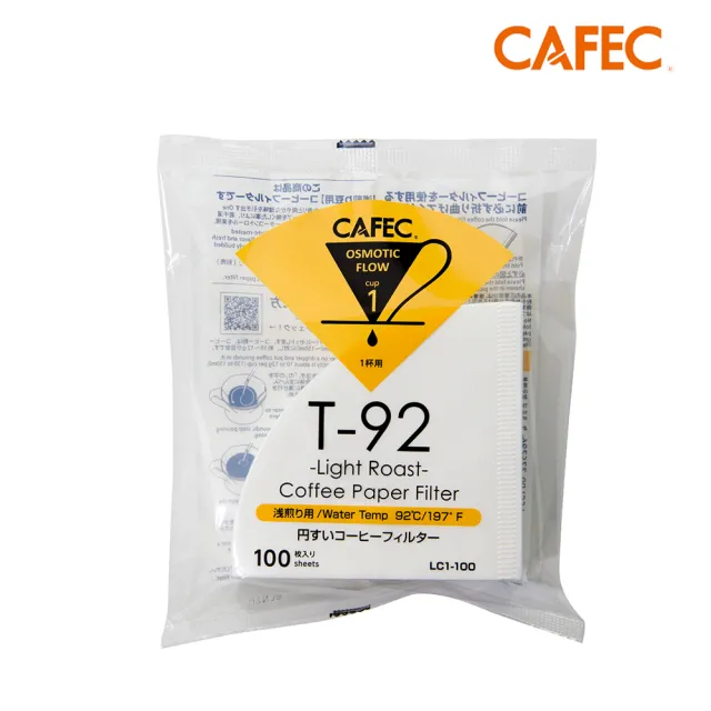 【CAFEC】三洋日本製T92淺焙豆專用白色錐形咖啡濾紙 1~2人份 100張 LC1-100W(適用HarioV60濾杯)