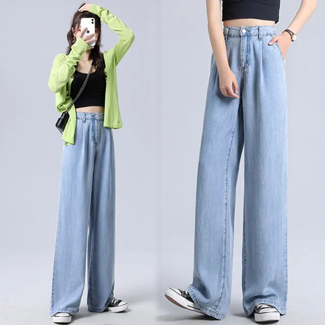 【Amay Style 艾美時尚】中大尺碼女裝 丹寧 顯瘦寬褲 冰絲涼感寬鬆直筒牛仔褲。S-2XL(淺藍.現貨+預購)