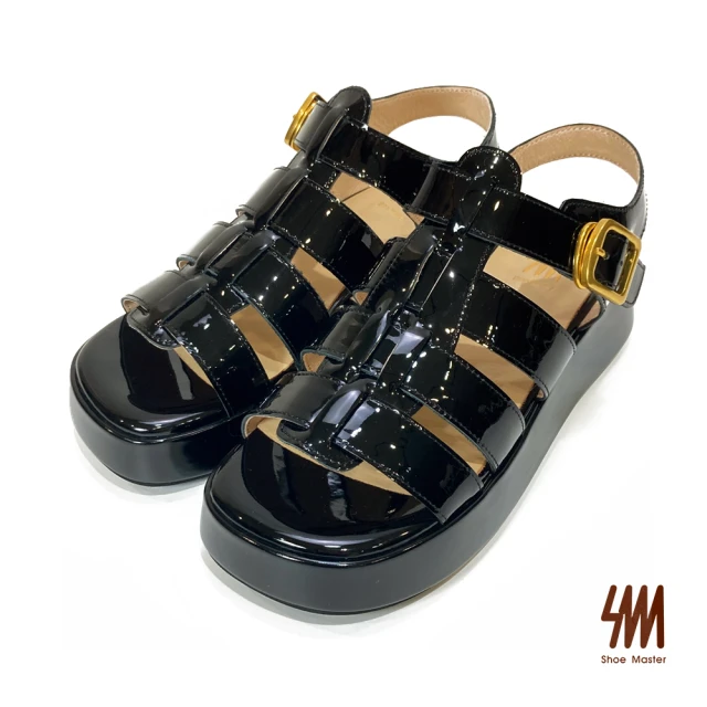 【SM】牛漆皮個性寬帶厚底涼鞋(黑色)