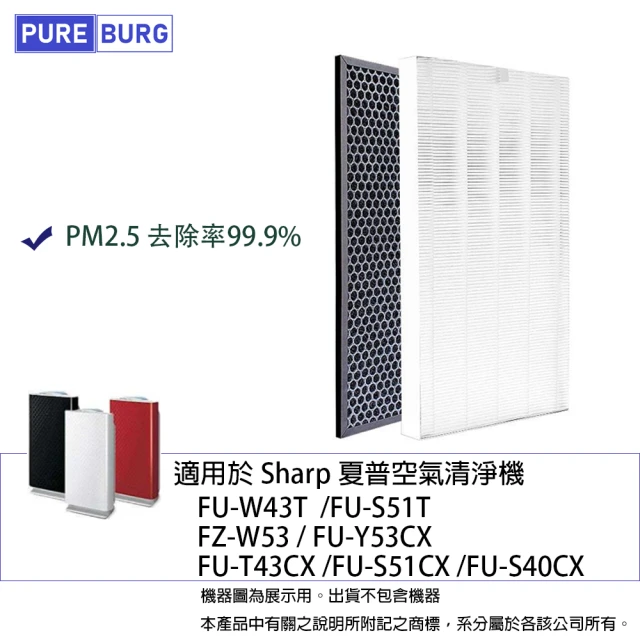 【PUREBURG】適用SHARP夏普 FU-W43T FU-S51T FU-Y53CX  空氣清淨機  副廠濾網組(HEPAX1+活性碳濾心X1)