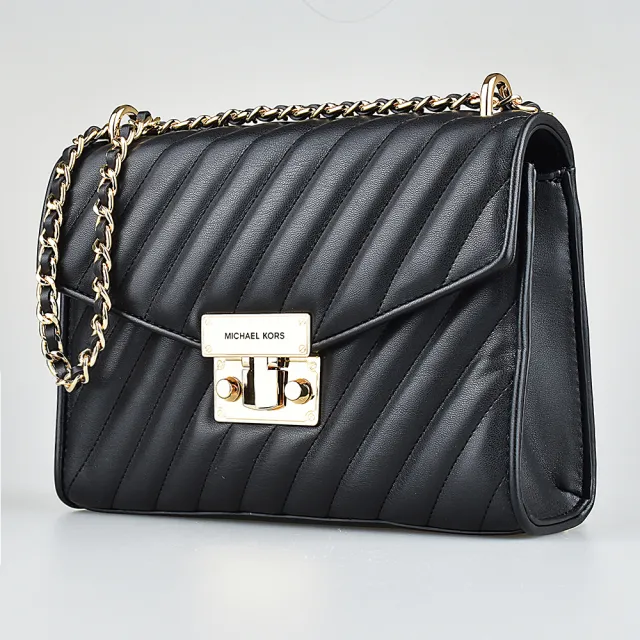 【Michael Kors】MK MICHAEL KORS ROSE壓印LOGO斜紋人造皮釦式鏈帶斜背包(中/黑)
