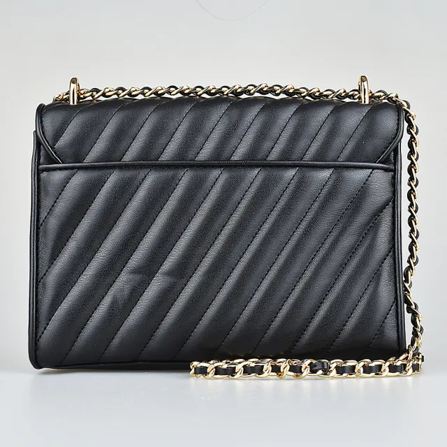 【Michael Kors】MK MICHAEL KORS ROSE壓印LOGO斜紋人造皮釦式鏈帶斜背包(中/黑)